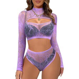 Women's Purple Lingerie Imported Front Open Bodysuit Sexy Nightwear Pajamas Set